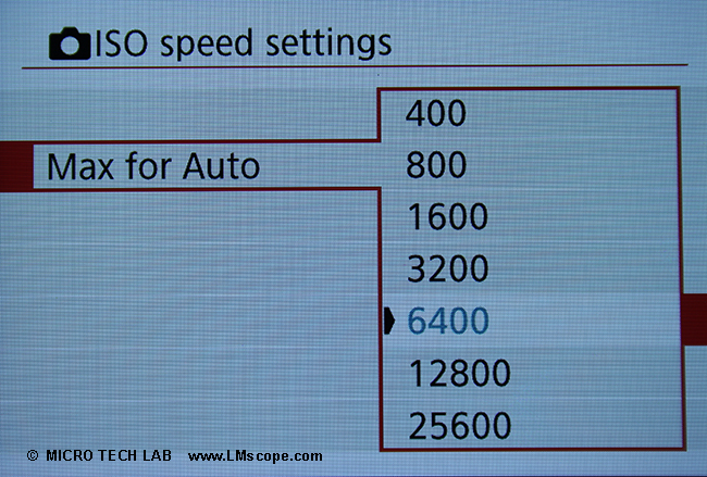 highest light sensitivity Canon EOS 250D ISO setting for microscopy