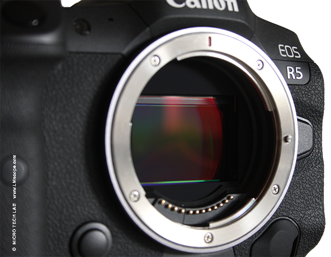 Canon EOS DSLR mit mechanischem Verschluss Schlitzverschluss geffnet Mikrofotografie Adapterlsung