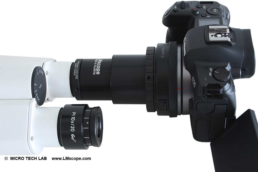  LM Mikroskopadapter am Okualtubus und Canon EOS RP