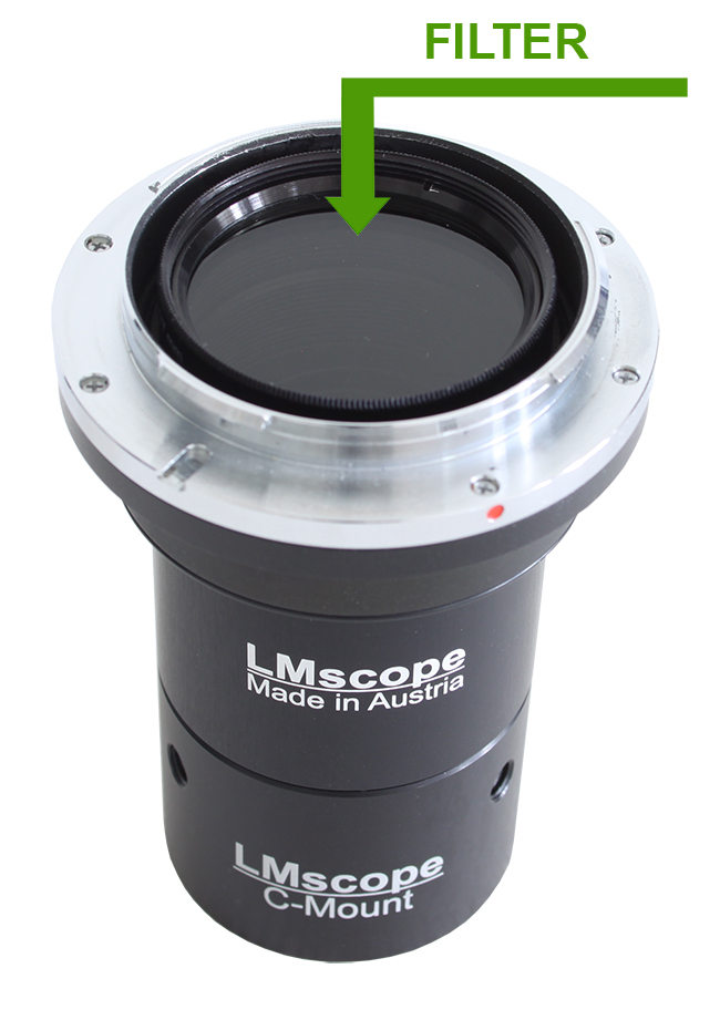 Les adaptateurs de microscope LM de la srie Pro pour appareils photo reflex numriques  miroir ou hybrides sans miroir peuvent etre quips en plus d un porte-filtre