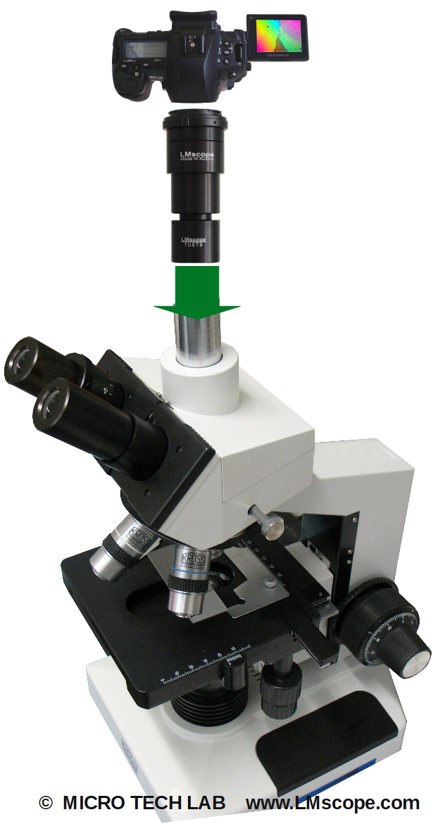 Kruess trinocular laboratory microscope with modern camera and LM DSLR adapter