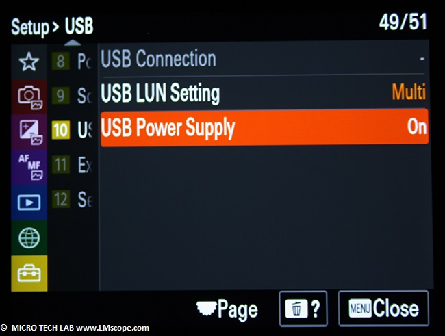 Stromversorgung ber USB Sony Alpha1, USB EInstellungen