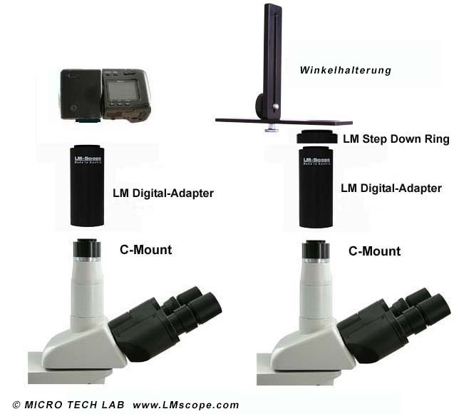 conectar camara compacta o videocamaras mediante una soporte de angulo al microscopio