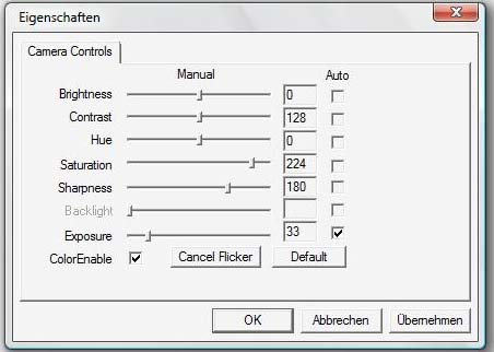 Men Video-> Capture Filter knnen die Kamerabildeigenschaften wie Helligkeit, Kontrast  eingestellt werden