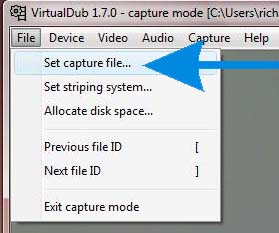 File menu, choose  Set capture file  to change the name of the video