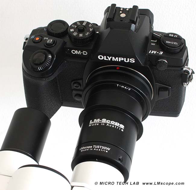 Olympus OM-D E-M1 with LM digital Adapter on eyepiece tube