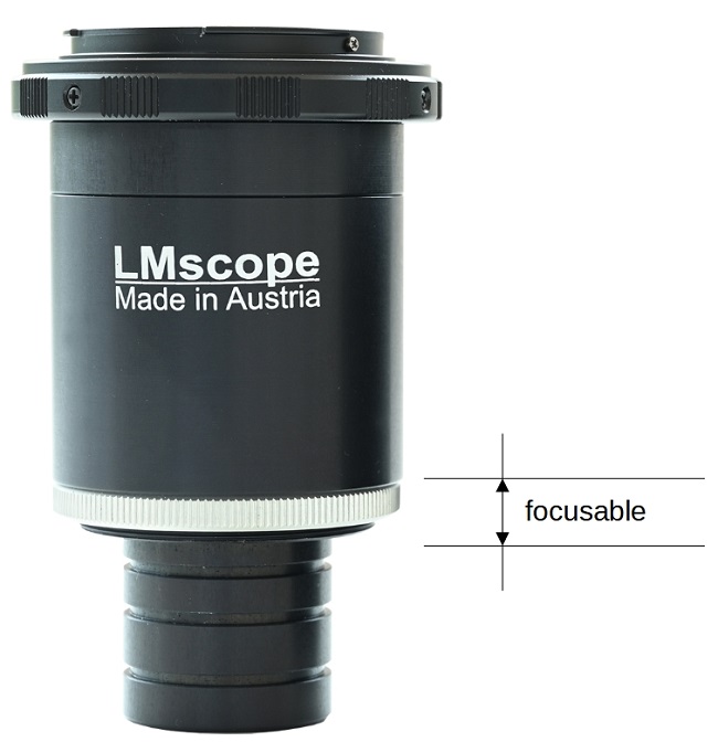 Lmscope microscope adapter, camera attachment, integrated optics, focusable adapter Parfocality microscopy