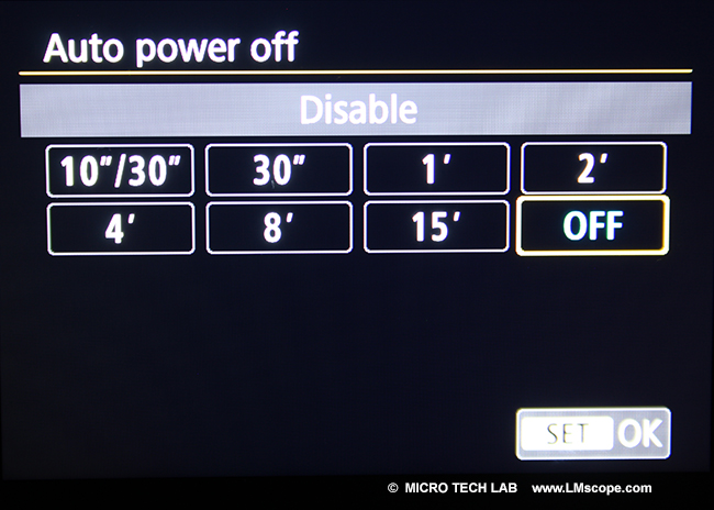 DSLR auto power-off setting