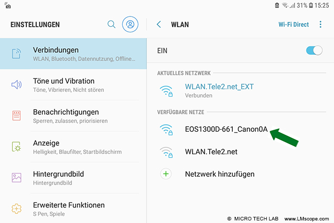 Canon EOS 1300D Camera Connect  WLAN Modus an der Kamera aktiviert