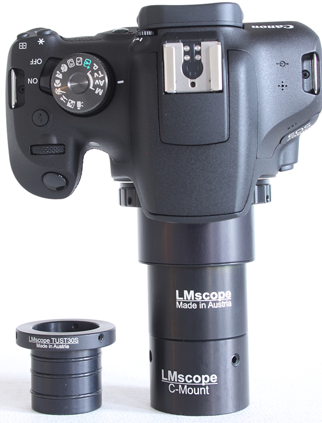 Eyepiece adapter and c-mount adapter for DSLR Canon EOS 2000D
