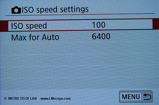 setting light sensitivity: Canon EOS 250D ISO setting on display