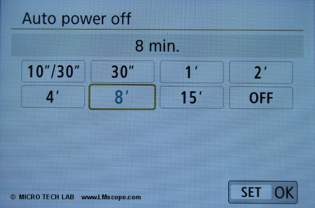 Canon EOS 250D auto power off deactivate