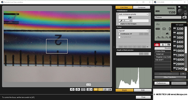 Canon EOS Utility ISO settings: sensitivity adjustment, microscope camera