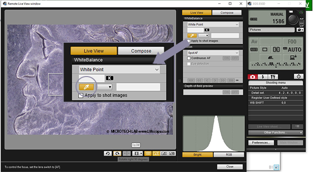 White balance with pipette Canon software, Canon EOS SLR cameras mirrorless system camera as a high-resolution microscope camera