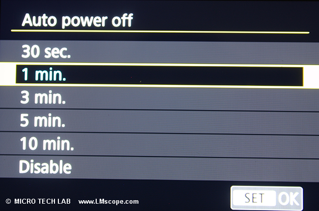 deactivate auto power off Canon EOS R5 DSLM