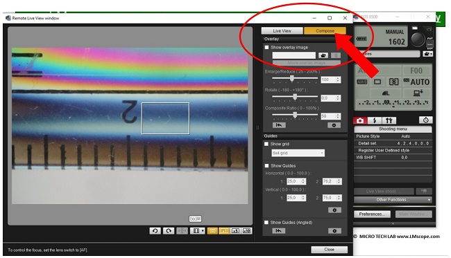 Canon EOS Utility Mikroskopfotos Lineal Messinstrument Gitter einblenden, als Mikroskopkamera, Bildvermessung