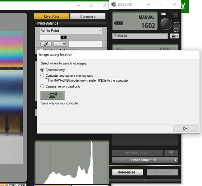 Canon EOS Utility 850D save as RAW or JPEG, store the photos on the computer and on the camera memory card