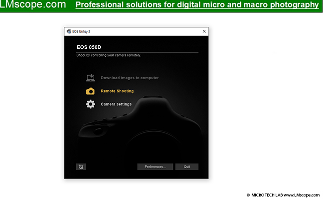 Als Canon EOS als Mikroskopkamera Nutzen: EOS Utility mit Kamera verbinden Remote shooting, Kameraeinstellungen