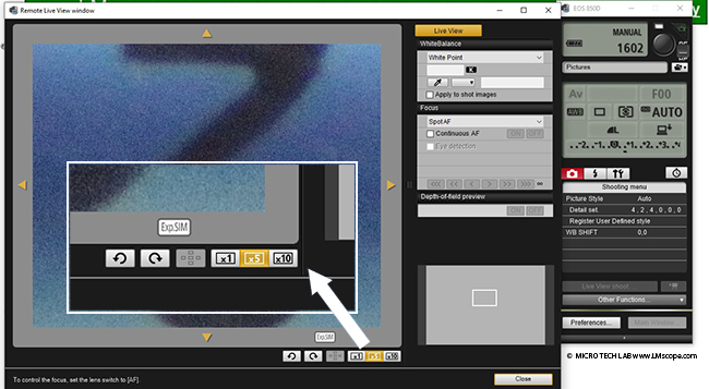 magnifying glass function for focusing; EOS Utility Software Canon Explanation Microscopy