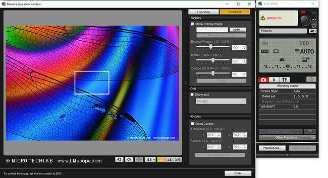 Microscope USB camera, Canon EOS Utility software, gridlines, rotate, mirroring