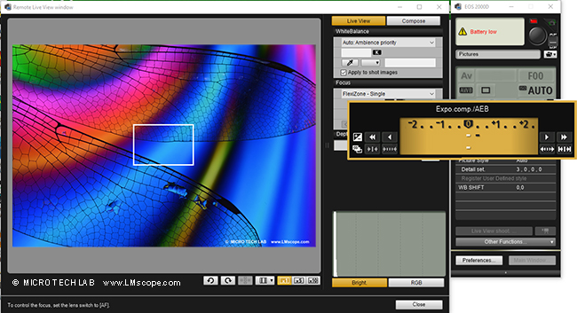 camera microscopique, Canon EOS Utility, reglage ISO