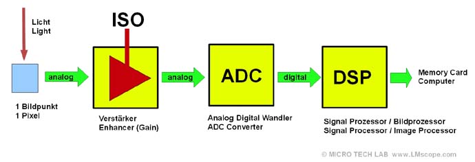 ISO settings have a direct influence on the amplifier, high ISO for microscopy, fluorescence