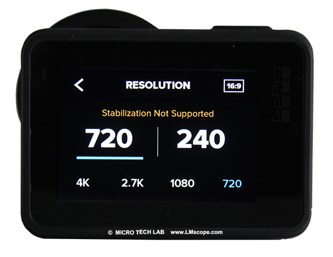 Photos au microscope de la caméra d action Gopro H7, résolution HD 720p, la caméra crée une fréquence d images de 240 images par seconde, ce qui peut etre des effets de ralenti très pratiques