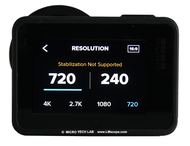 Photos au microscope de la camra d action Gopro H7, rsolution HD 720p, la camra cre une frquence d images de 240 images par seconde, ce qui peut etre des effets de ralenti trs pratiques