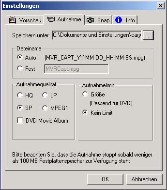 Einstellung der Aufnahmequalitt fr das Harddiskrecording