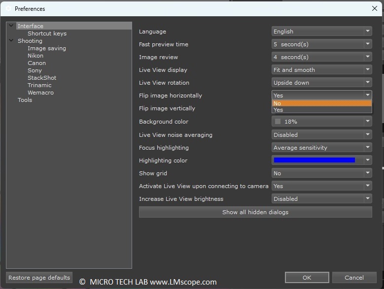Helicon Remote Software in der Mikroskopie, horizontal spiegeln zur besseren Ansicht
