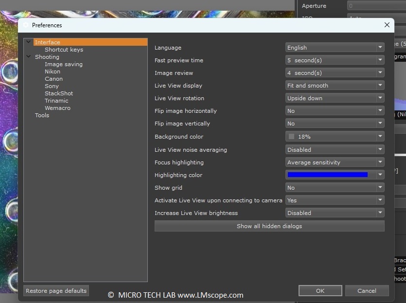 Grundlegende Einstellungen Helicon Remote Settings Interface, Einsatz am Mikroskop