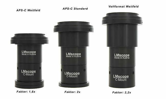 LM Adapterlösung Weitfeld, Standard, Vollformat, APS-C, Mikroskopadapter, großes Bildfeld, planachromatische Optik
