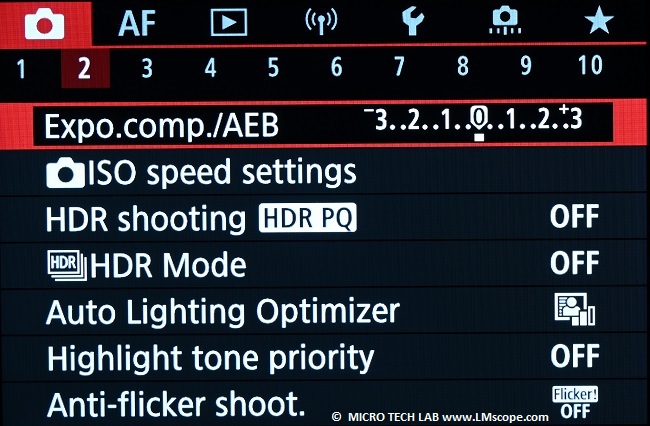 Configuración de la cámara Canon EOS R10 Aberturas HDR ISO