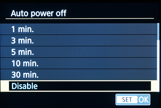 Auto power off Disable auto power off function
