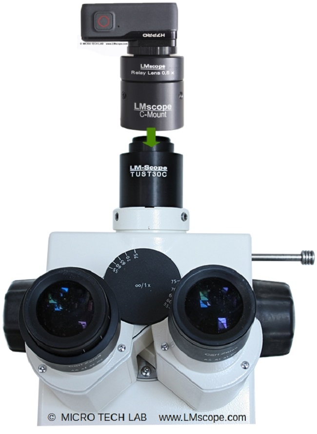 Gopro Kamera montiert am Fototubus / CMount / Adapter