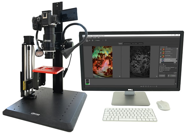 Modern digital microscope with DSLR and DSLM cameras: LM widefield photomicroscope Stackshot motorized table, Heliconfocus