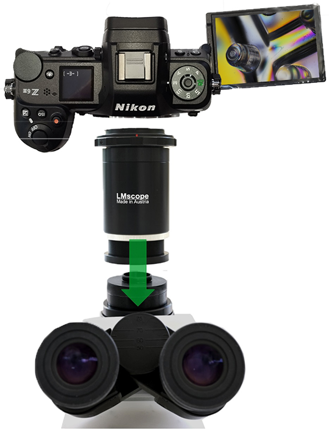 Professional microscope adapter with integrated precision optics with microscope camera Nikon Z6 III, photo tube, eyepiece tube, C-mount