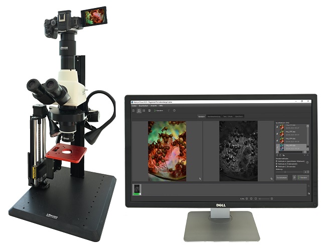 Fotomicroscopio LM Portaobjetos Stackshot, control remoto Helicon, monitor HDMI 4K