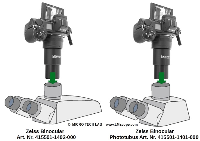 Fototuben Zeiss 415501-1402-000 und 415501-1403-000 mit LMscope Adapterlösung