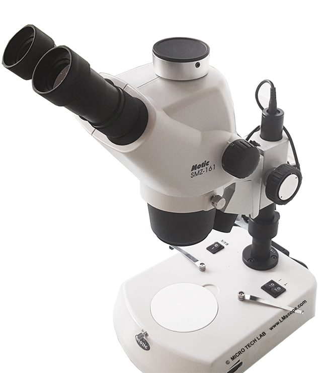Motic stero microscope SMZ 161 with photo tube, adapter solution, microscope adapter
