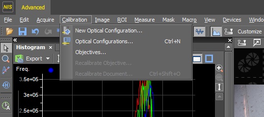 Calibration menu tab microscope photo Nikon NIS