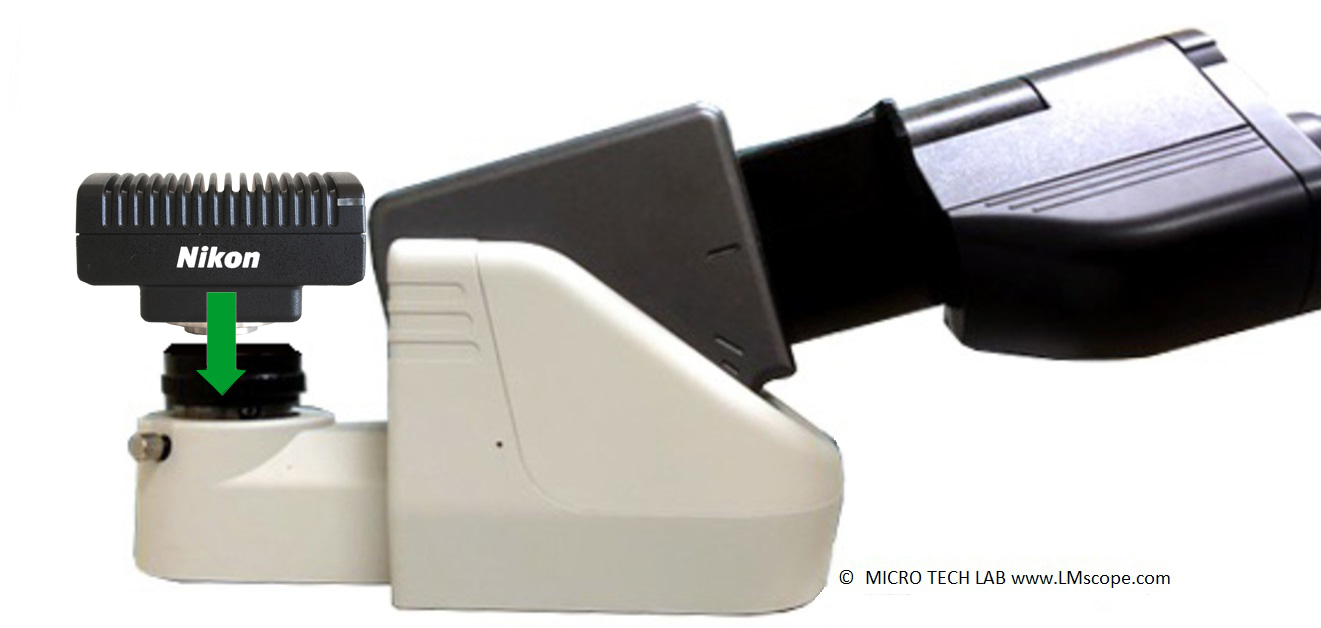 Nikon C-TE2 DSC port with C-mount microscope camera, microscope adapter, intermediate optics