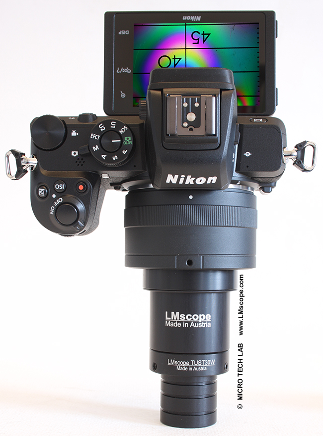 Nikon Z50 system camera on microscope eyepiece tube, 30mm fit adapter with integrated optics
