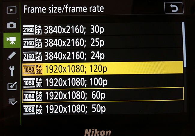 Nikon 4K video setting, HD setting