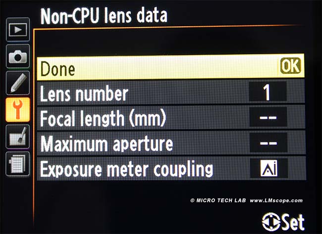 Nikon DF menu sans objectif CPU