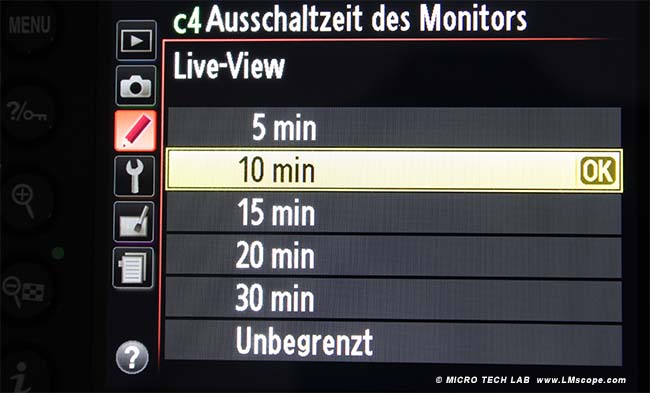 Nikon DSLR Live-View Auschaltzeit