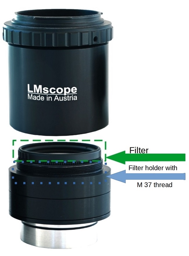  Microscope adapter solution with integrated optical filter, integrable filter M37 adapter solution