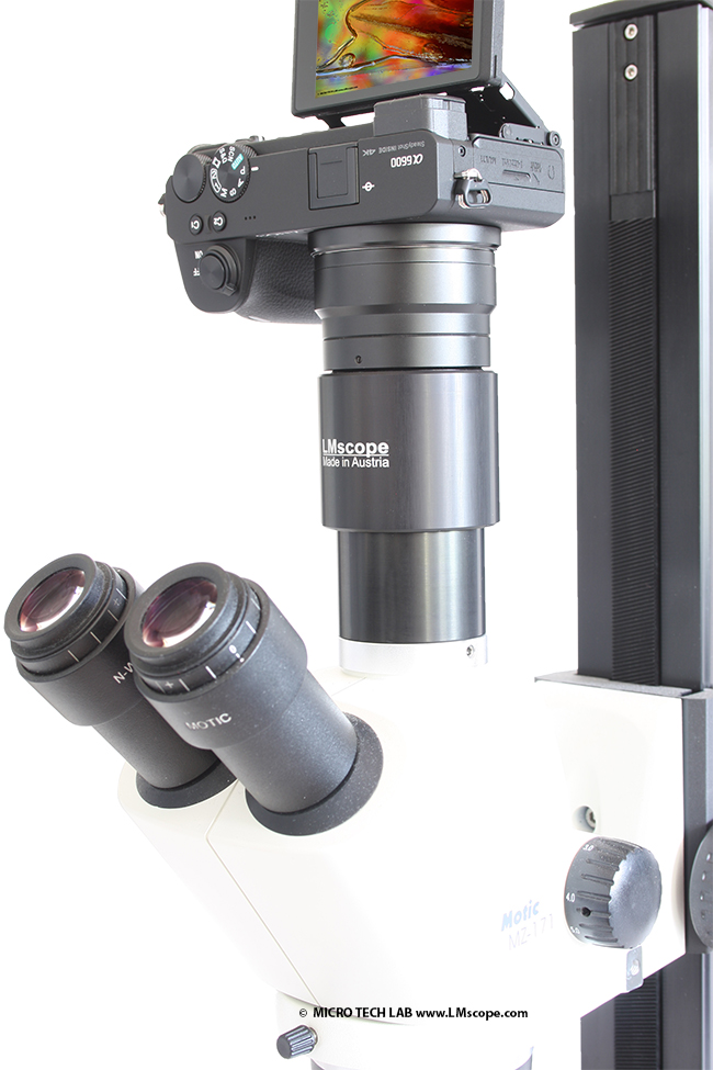 Stereo microscope with adapter solution and mirrorless Sony hybrid camera