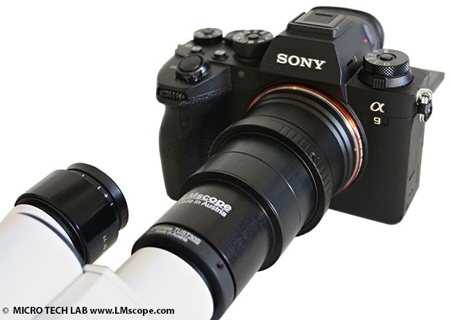 Mikroskopkamera / Okularkamera: Sony Alpha 9 ILCE9 Montage Mikroskop-Okular