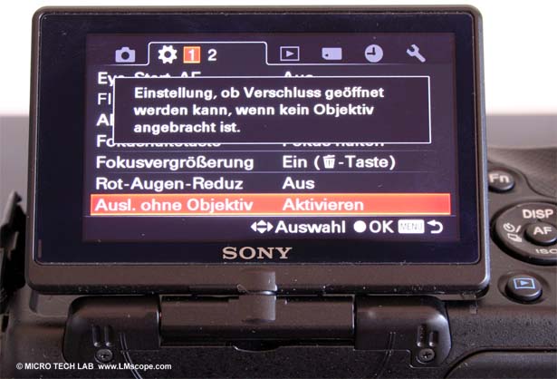 Deactivation of the shutter release lock DSLR system camera photomicrography microphotography